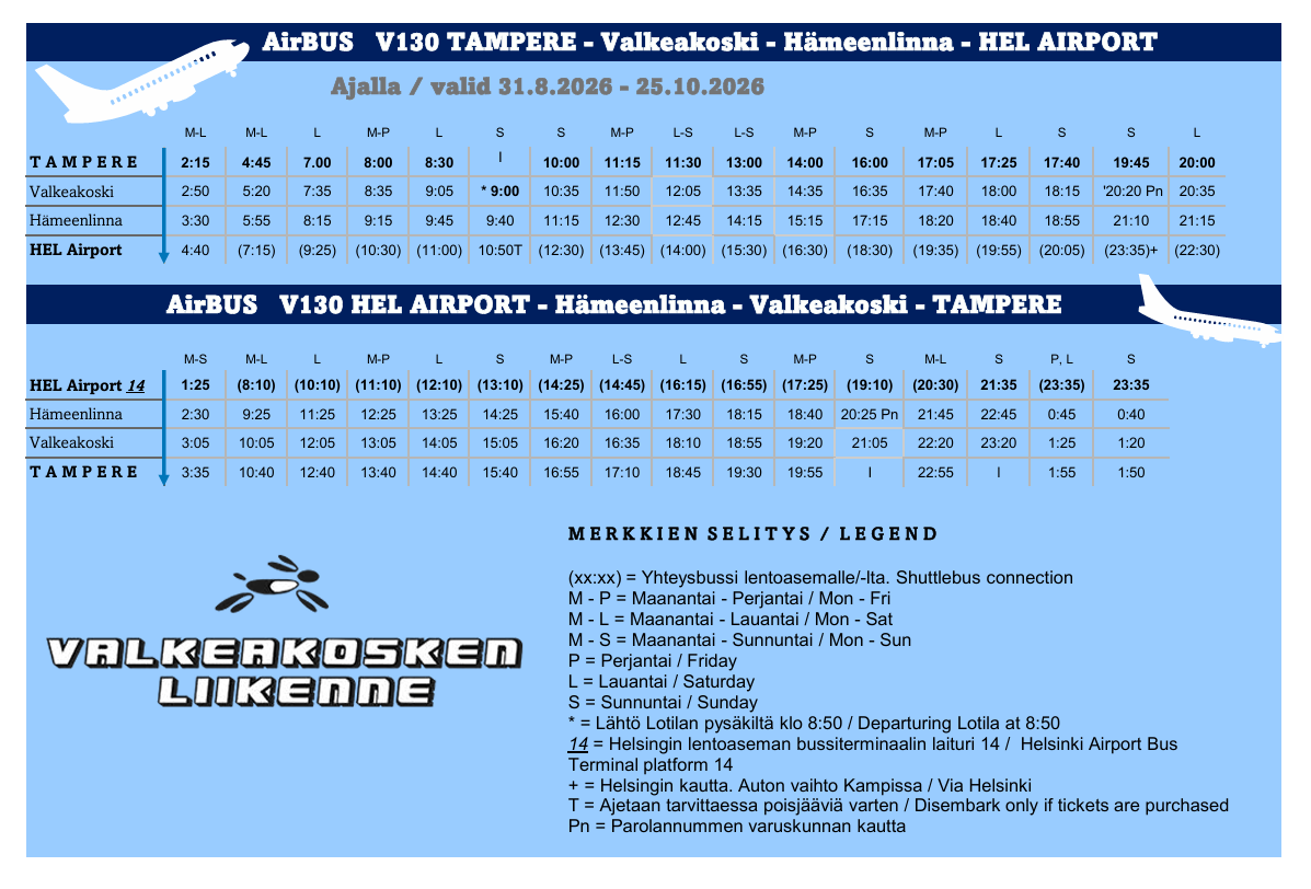 Airbus V130 Tampere Helsinki Airport schedule autumn 2026 Airbus V130 Helsinki syksy 2026 aikataulu