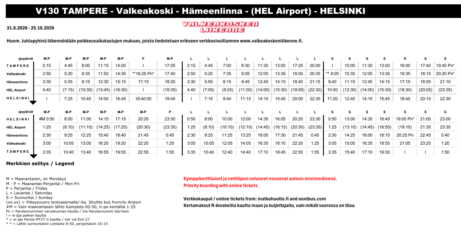 V130 Syksy 2026 bussi TRE Valkeakoski Hämeenlinna HKI lentokenttä V130 31.8.2026 25.10.2026 Tampere Helsinki Airport aikataulu