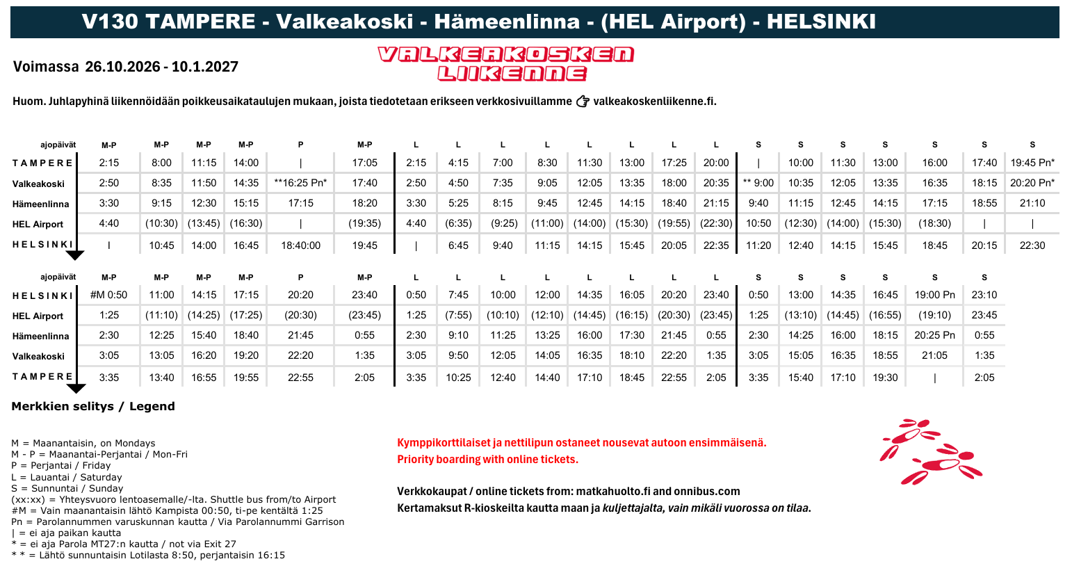 V130 Helsinki airport Tampere aikataulu 26.10.26 - 10.1.2027 V130 Helsinki airport Tampere bussiaikataulu talvi 2026 / 2027